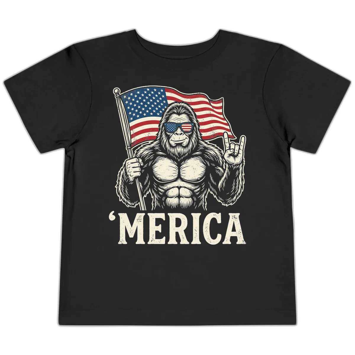 Patriotic Bigfoot 'Merica Flag Rock On Toddler T-Shirt in Black