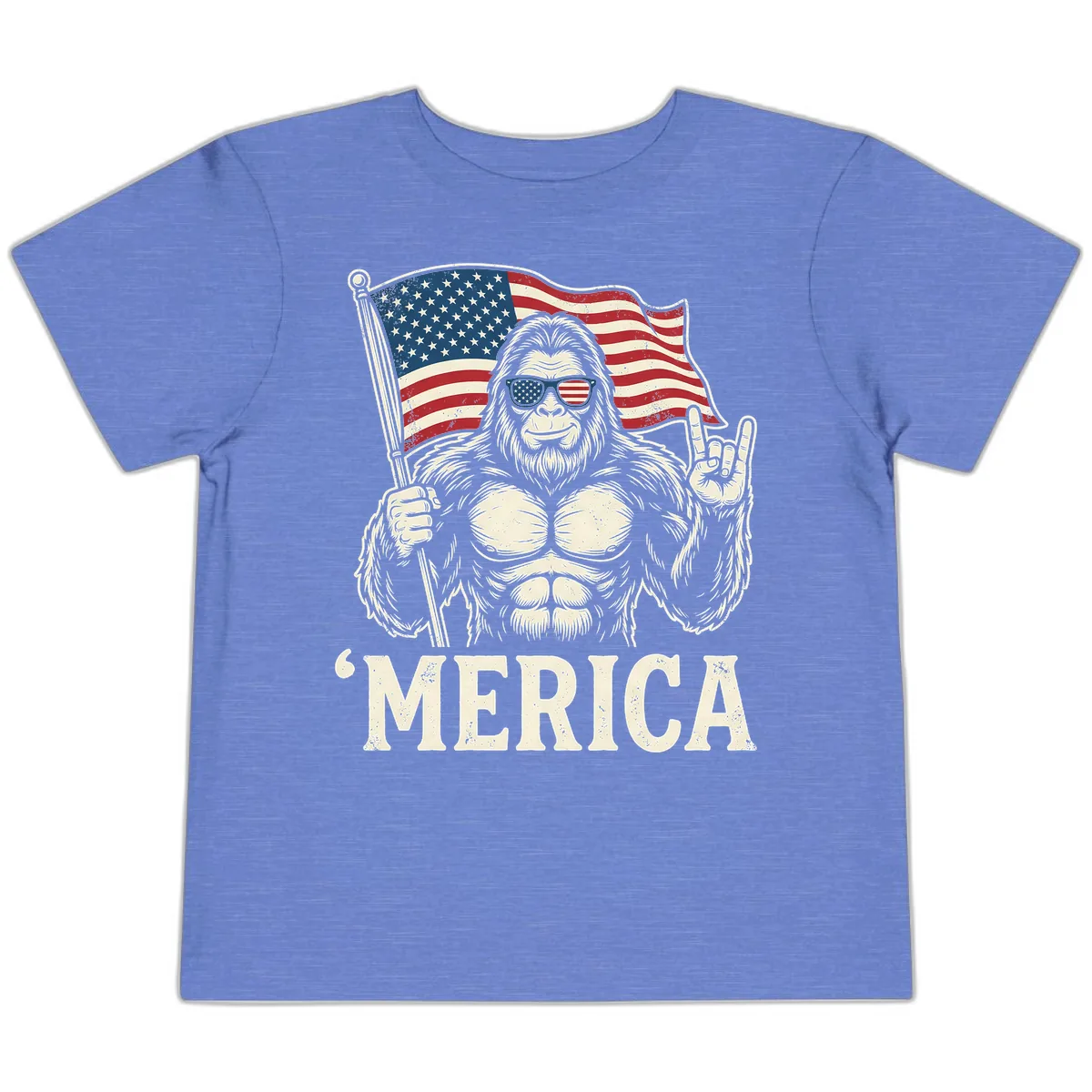 Patriotic Bigfoot 'Merica Flag Rock On Toddler T-Shirt in Heather Columbia Blue