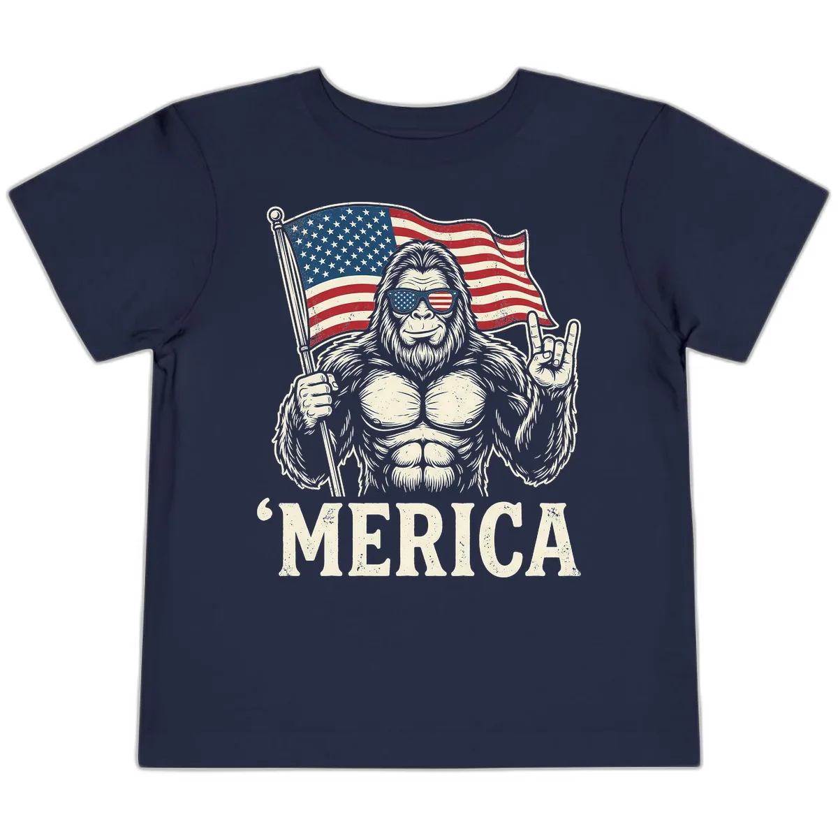 Patriotic Bigfoot 'Merica Flag Rock On Toddler T-Shirt in Navy