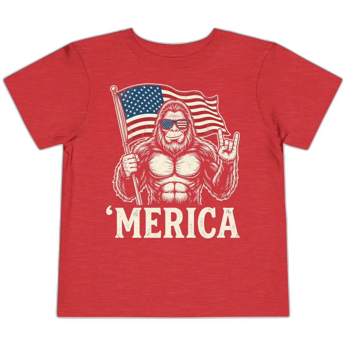 Patriotic Bigfoot 'Merica Flag Rock On Toddler T-Shirt in Heather Red