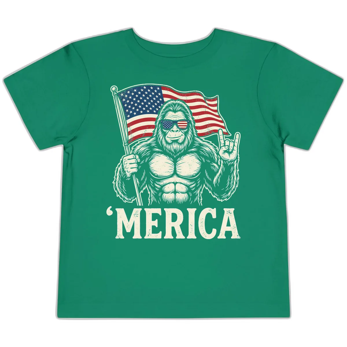 Patriotic Bigfoot 'Merica Flag Rock On Toddler T-Shirt in Kelly