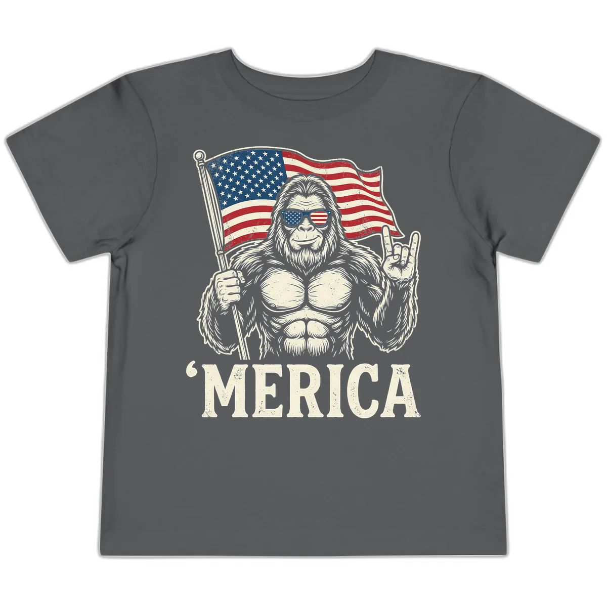 Patriotic Bigfoot 'Merica Flag Rock On Toddler T-Shirt in Asphalt