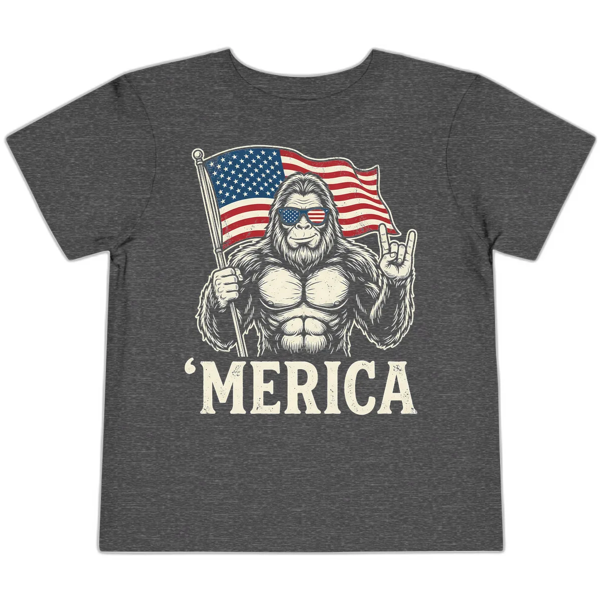 Patriotic Bigfoot 'Merica Flag Rock On Toddler T-Shirt in Dark Heather Grey