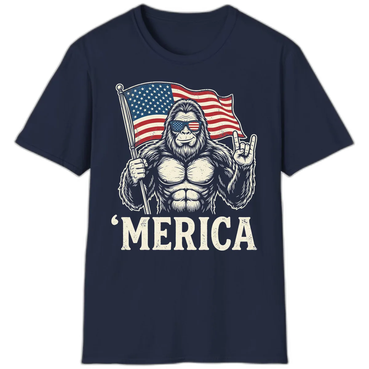 Patriotic Bigfoot 'Merica Flag Rock On T-Shirt in Navy