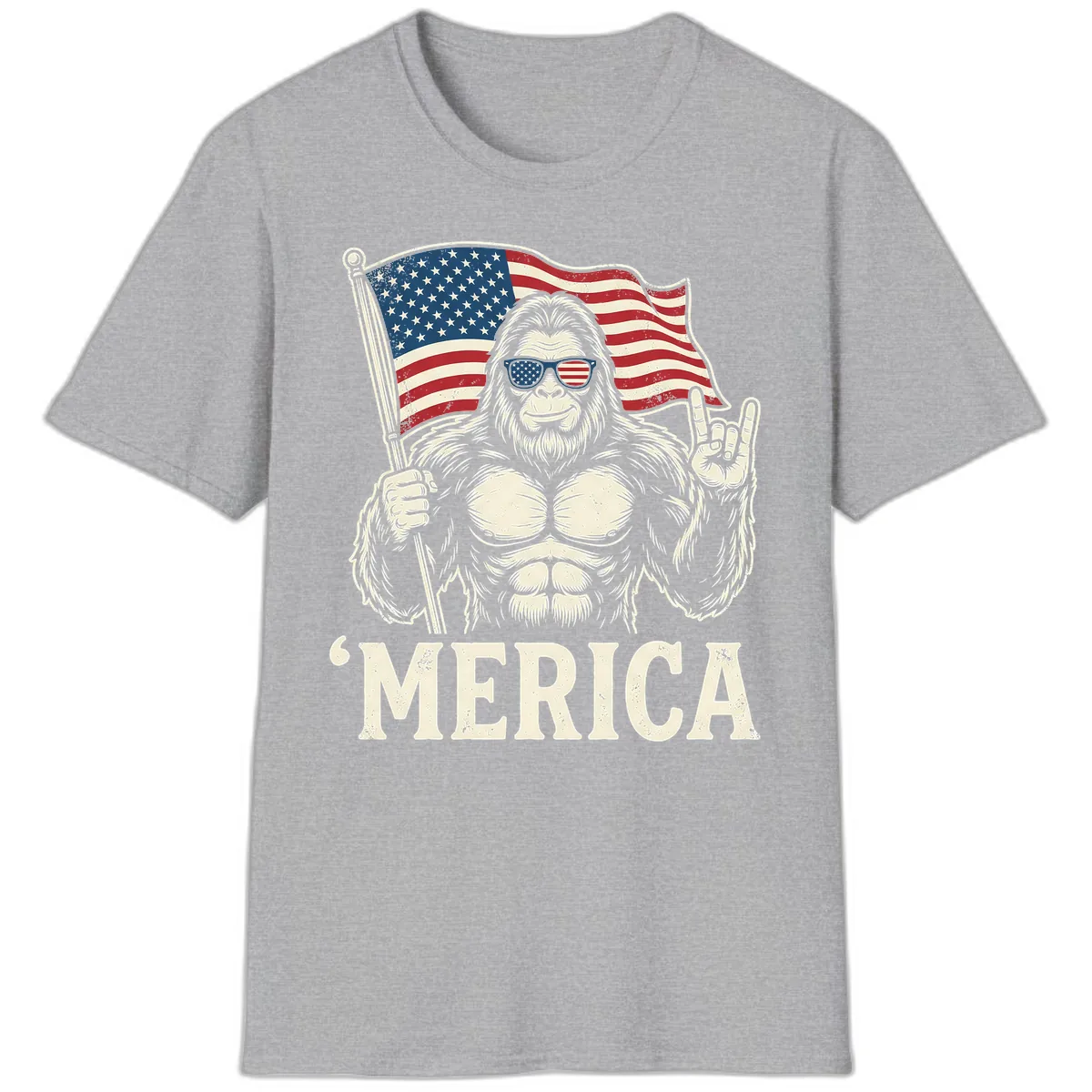 Patriotic Bigfoot 'Merica Flag Rock On T-Shirt in Sport Grey