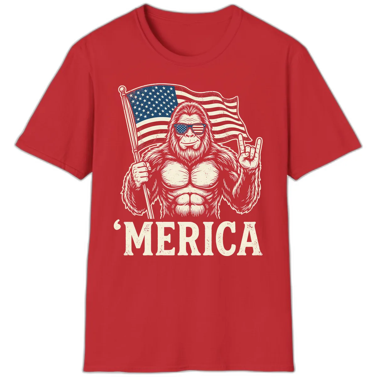 Patriotic Bigfoot 'Merica Flag Rock On T-Shirt in Red