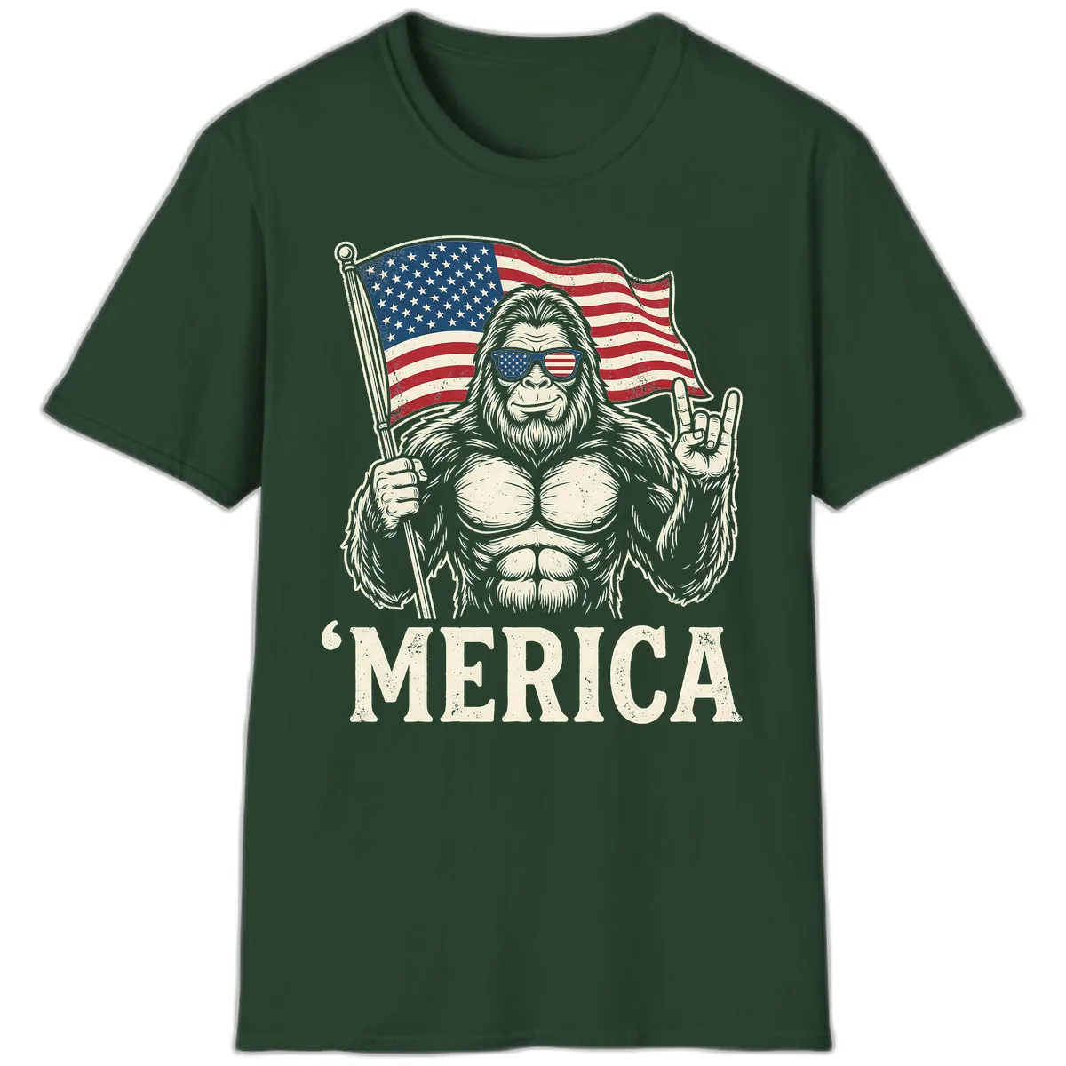 Patriotic Bigfoot 'Merica Flag Rock On T-Shirt in Forest Green