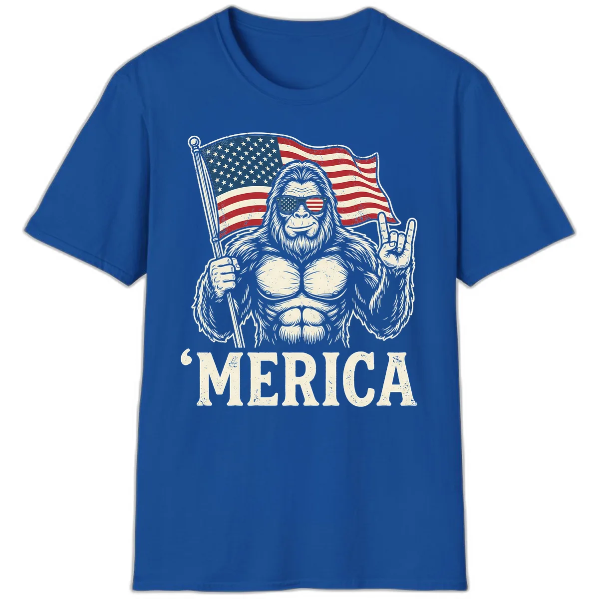 Patriotic Bigfoot 'Merica Flag Rock On T-Shirt in Royal