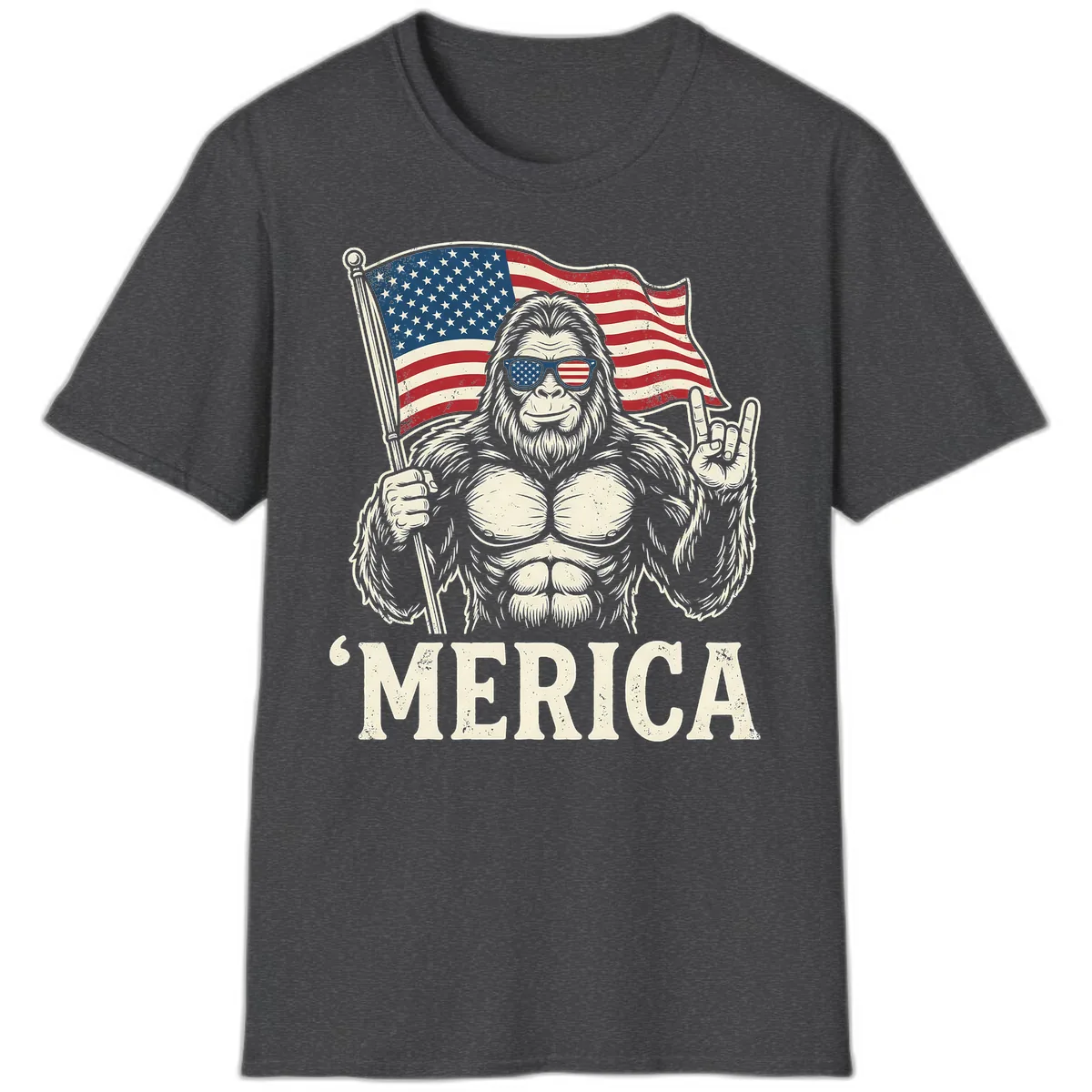 Patriotic Bigfoot 'Merica Flag Rock On T-Shirt in Dark Heather