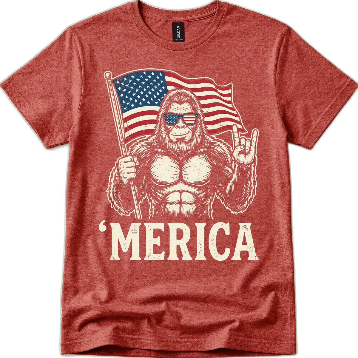 Patriotic Bigfoot 'Merica Flag Rock On T-Shirt in Heather Cardinal