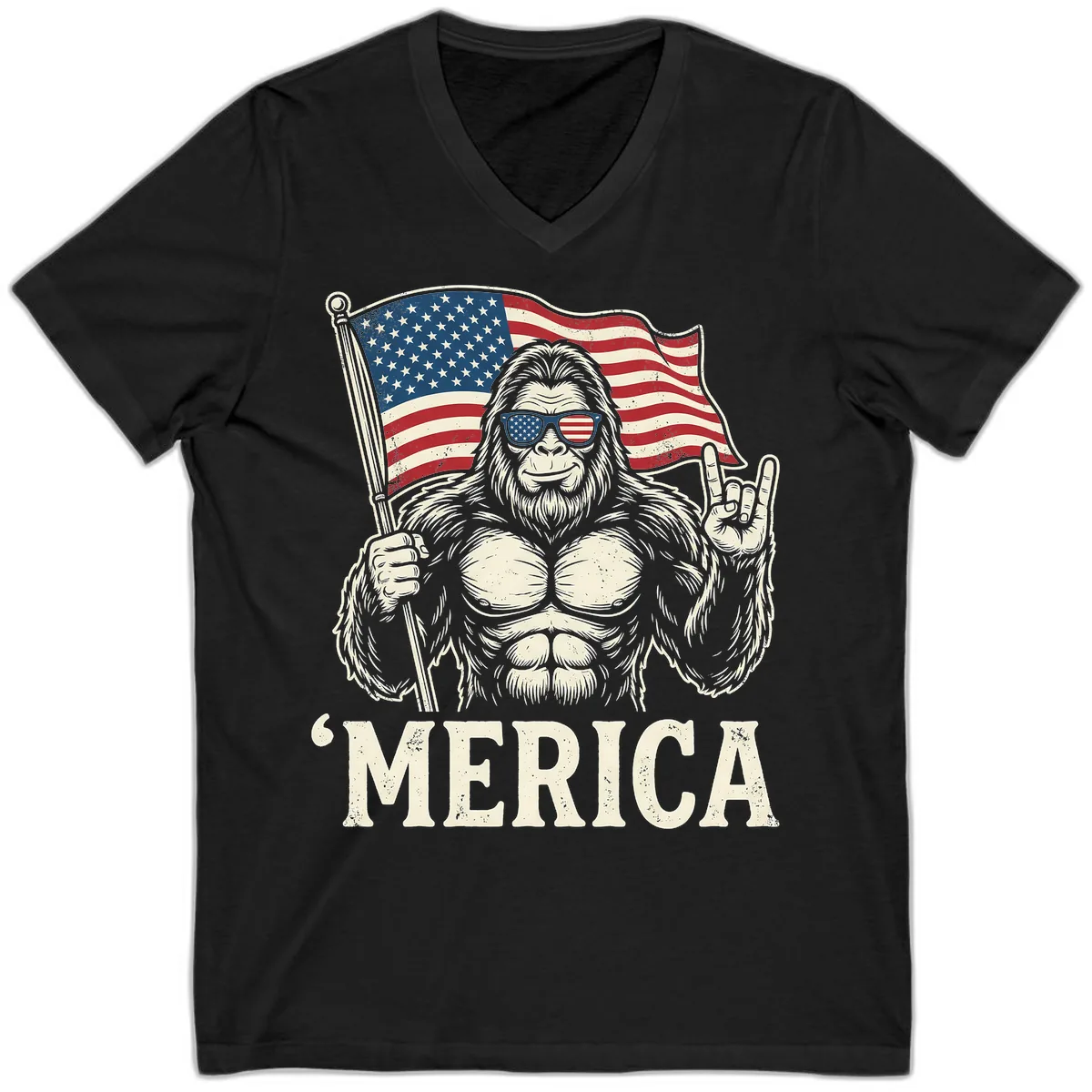 Patriotic Bigfoot 'Merica Flag Rock On V-Neck in Black