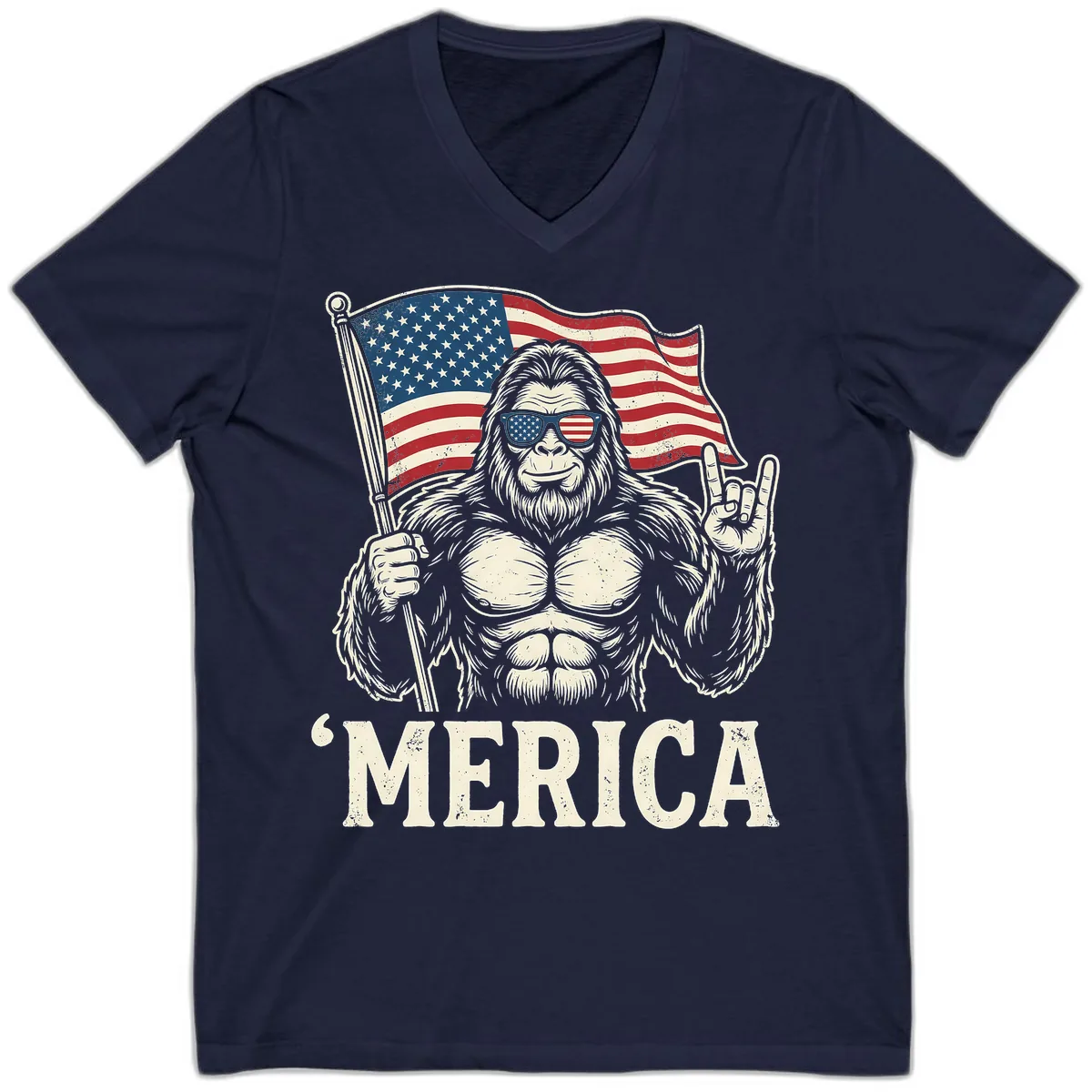 Patriotic Bigfoot 'Merica Flag Rock On V-Neck in Navy