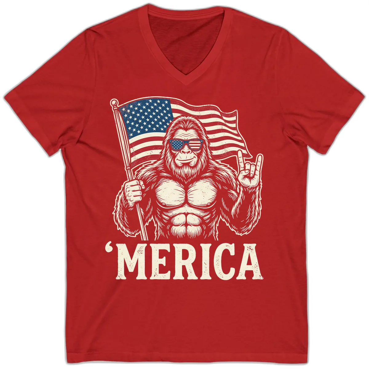 Patriotic Bigfoot 'Merica Flag Rock On V-Neck in Red