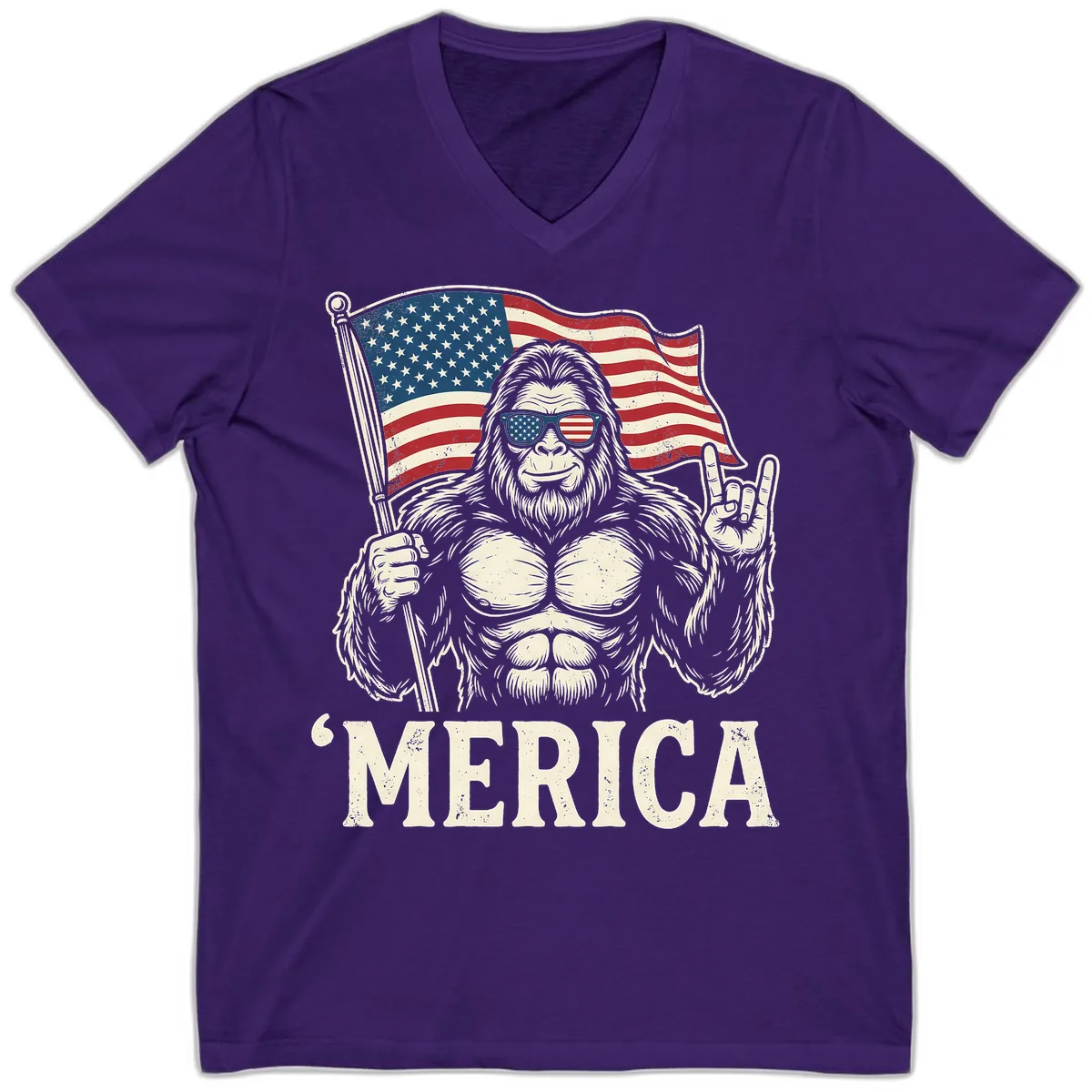 Patriotic Bigfoot 'Merica Flag Rock On V-Neck in Team Purple
