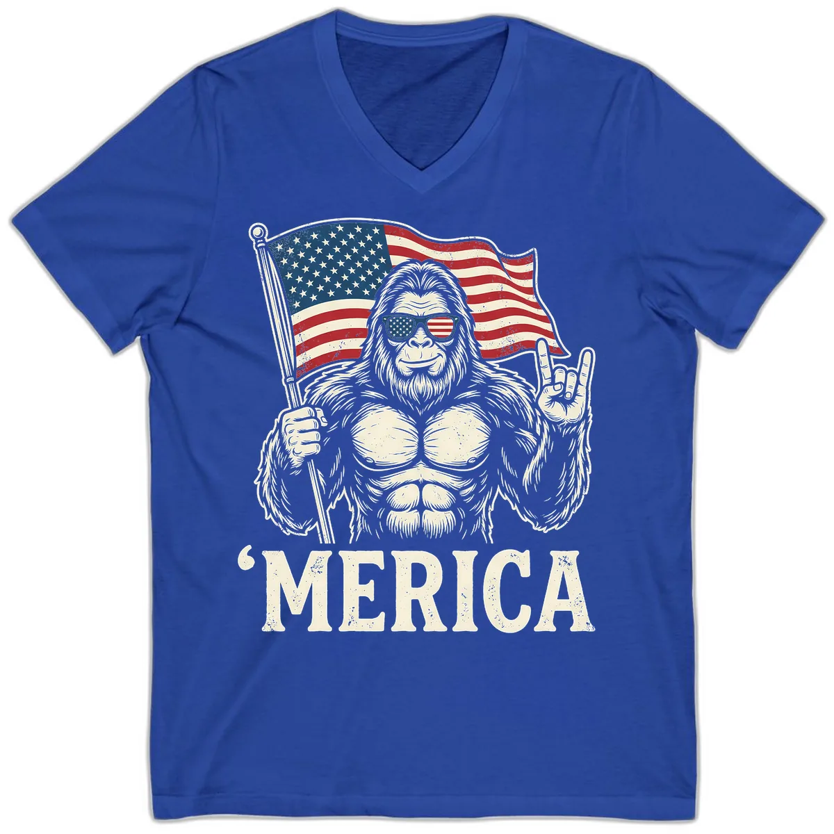 Patriotic Bigfoot 'Merica Flag Rock On V-Neck in True Royal