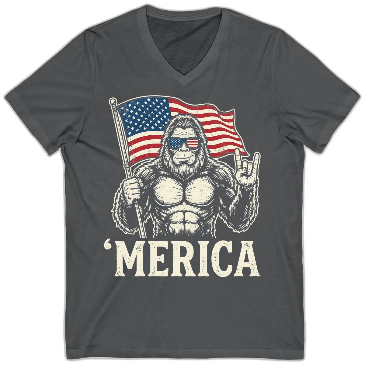 Patriotic Bigfoot 'Merica Flag Rock On V-Neck in Asphalt