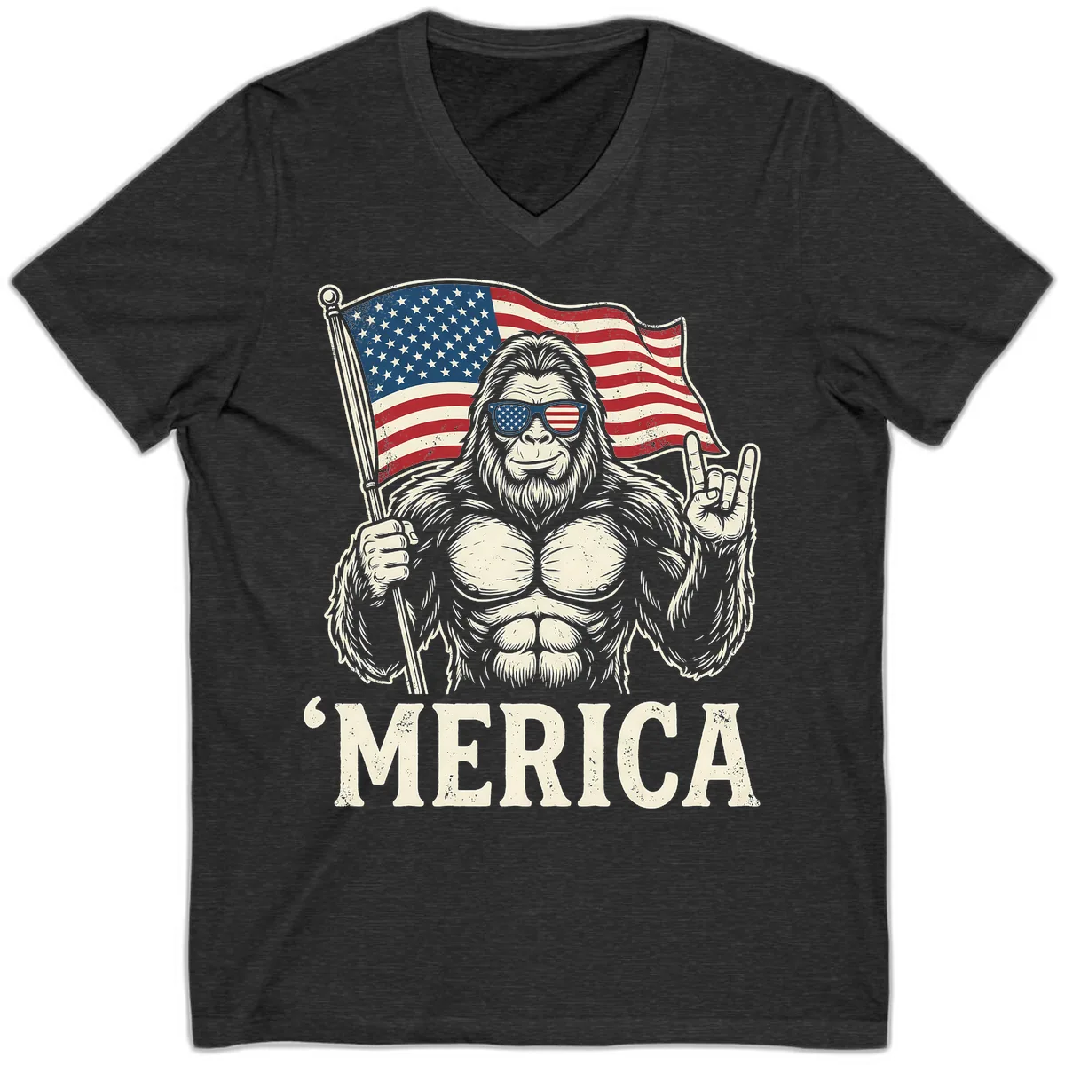 Patriotic Bigfoot 'Merica Flag Rock On V-Neck in Dark Grey Heather