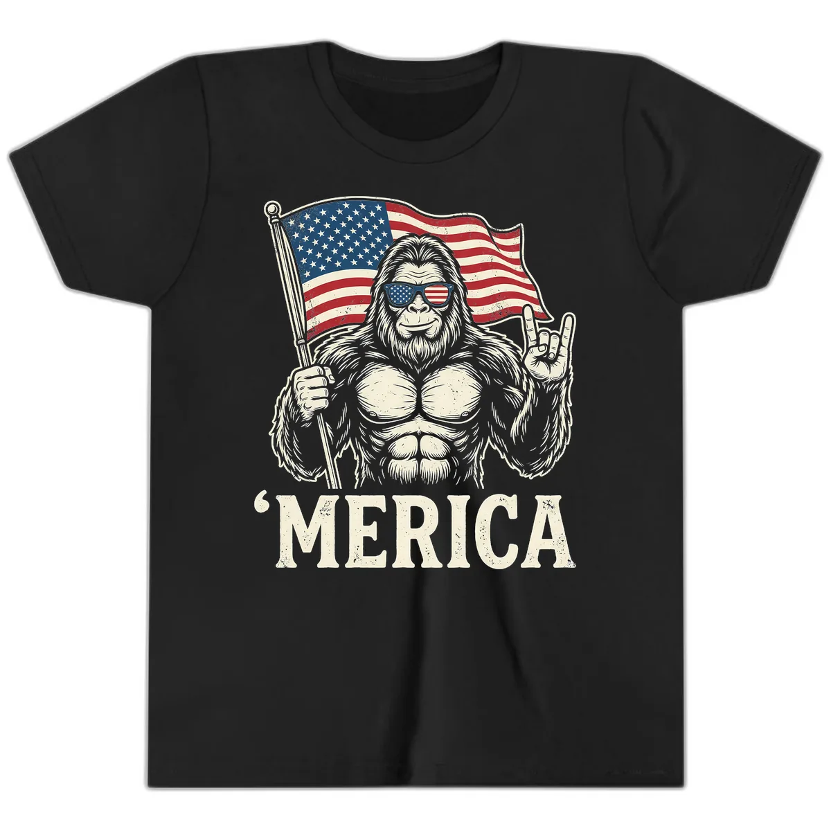 Patriotic Bigfoot 'Merica Flag Rock On Youth T-Shirt in Black