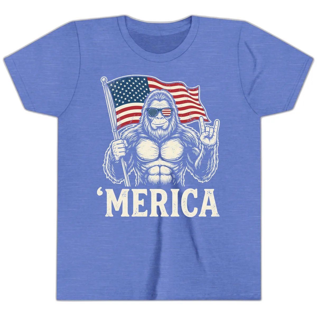 Patriotic Bigfoot 'Merica Flag Rock On Youth T-Shirt in Heather Columbia Blue