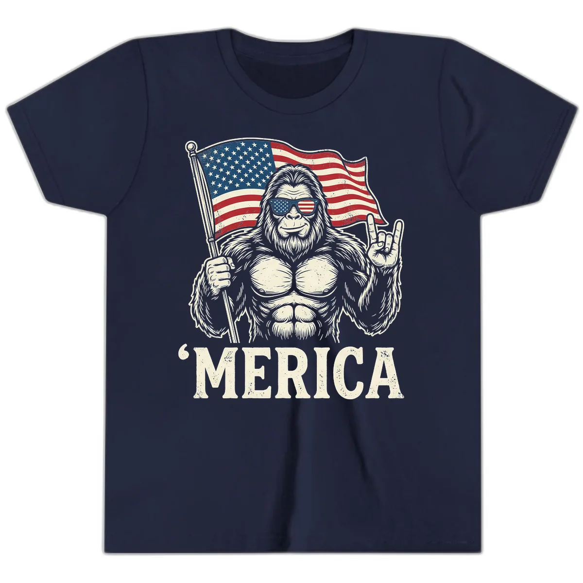 Patriotic Bigfoot 'Merica Flag Rock On Youth T-Shirt in Navy