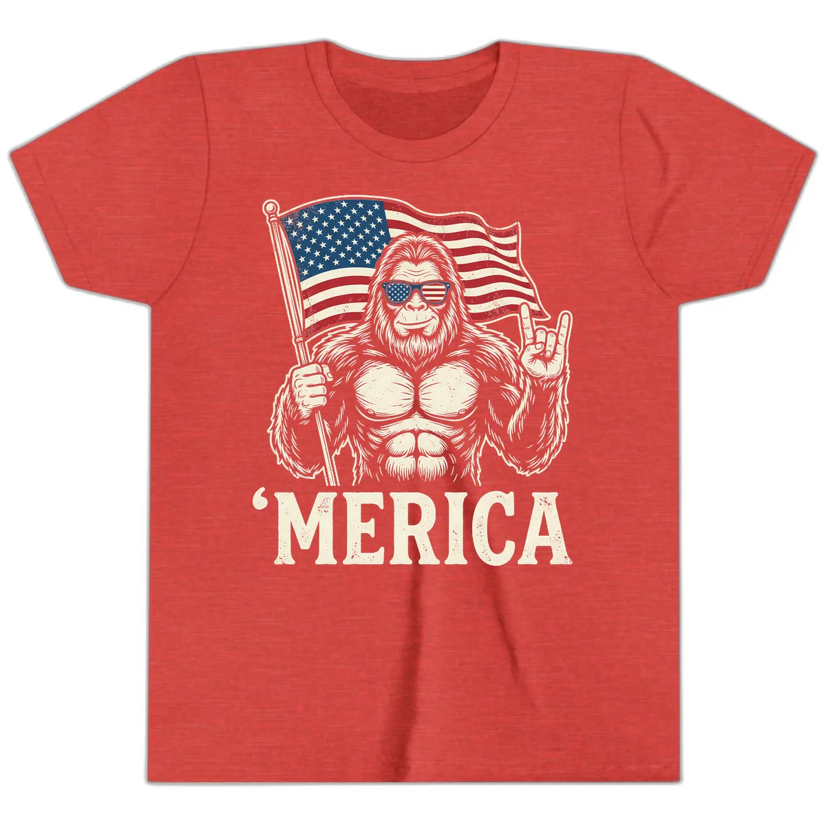 Patriotic Bigfoot 'Merica Flag Rock On Youth T-Shirt in Heather Red