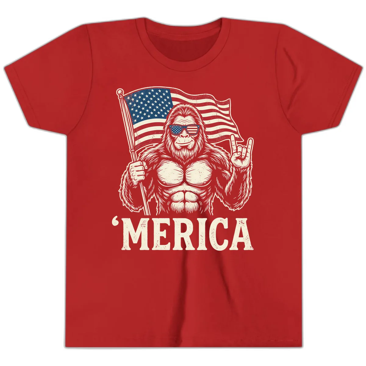 Patriotic Bigfoot 'Merica Flag Rock On Youth T-Shirt in Red