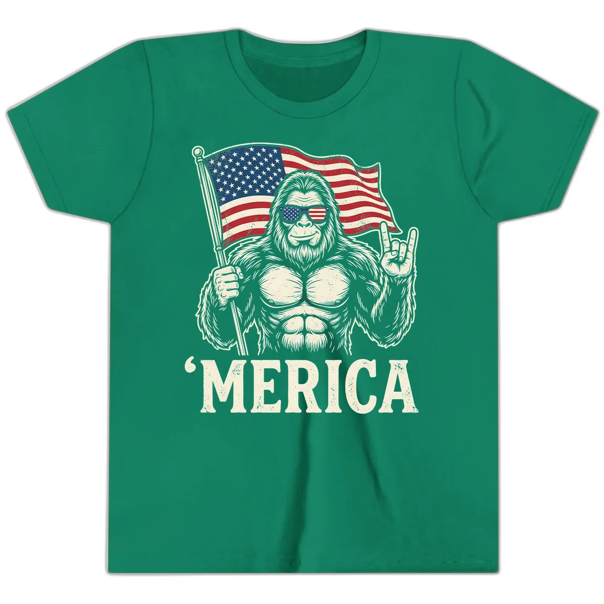 Patriotic Bigfoot 'Merica Flag Rock On Youth T-Shirt in Kelly