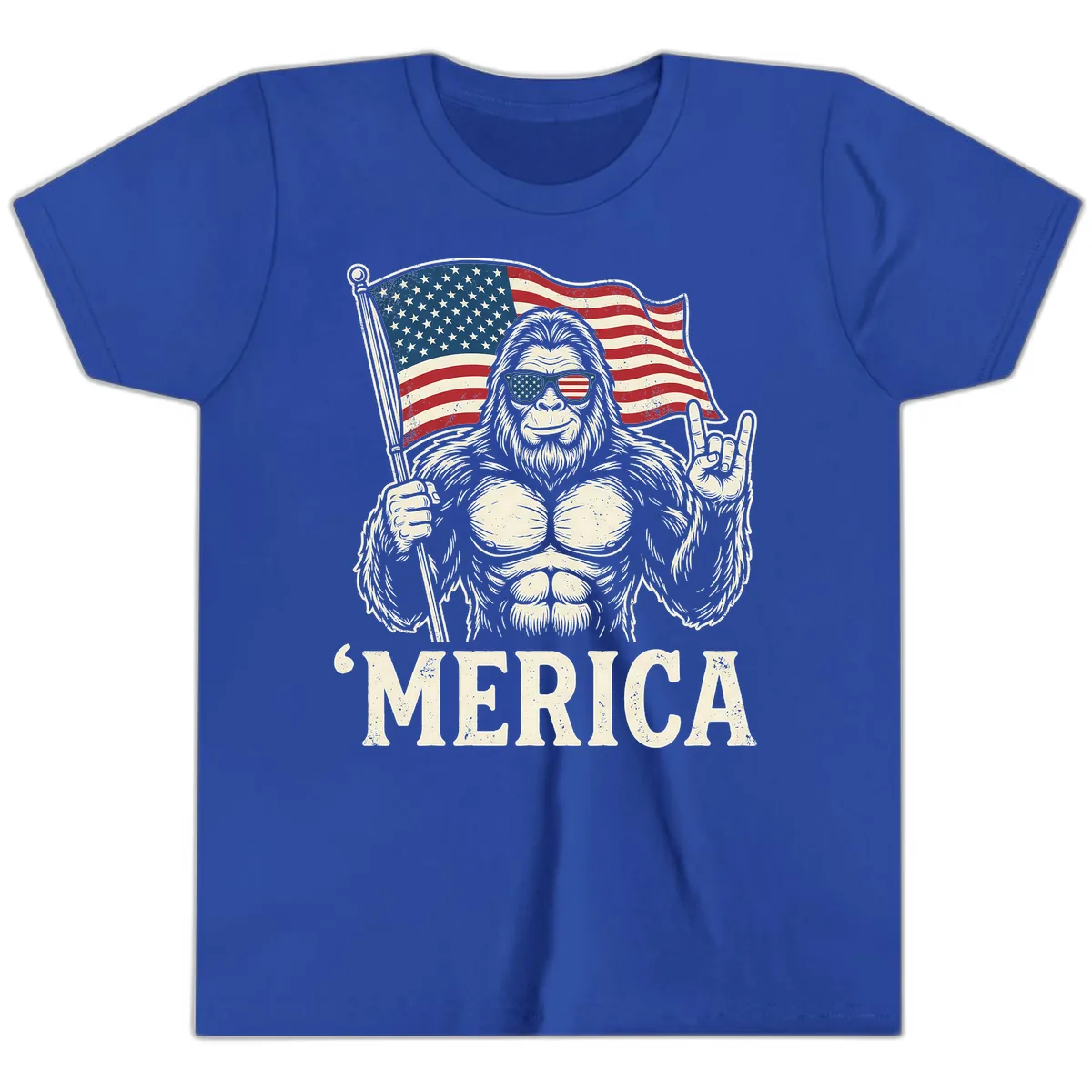 Patriotic Bigfoot 'Merica Flag Rock On Youth T-Shirt in True Royal