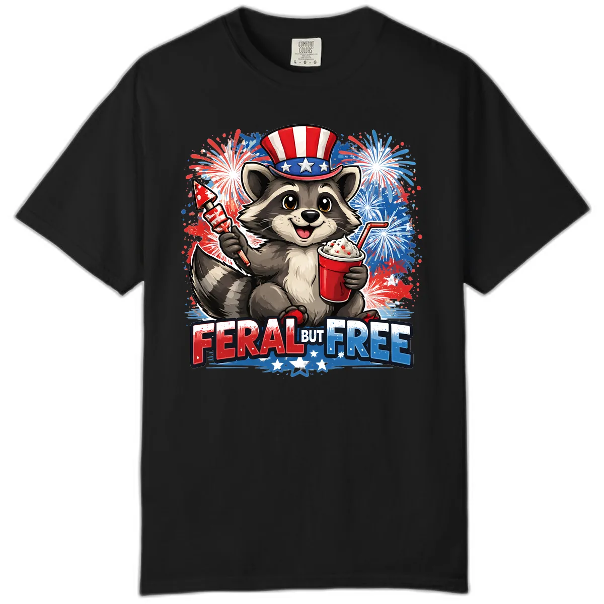 Feral But Free Raccoon Fourth of July Celebration Comfort Color in Black