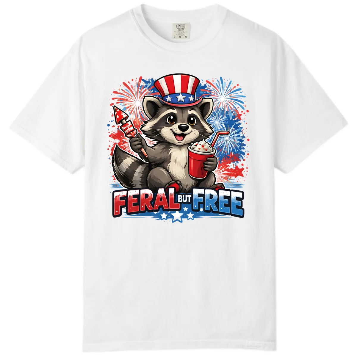 Feral But Free Raccoon Fourth of July Celebration Comfort Color in White