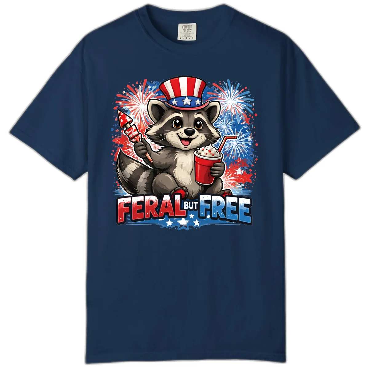 Feral But Free Raccoon Fourth of July Celebration Comfort Color in Navy