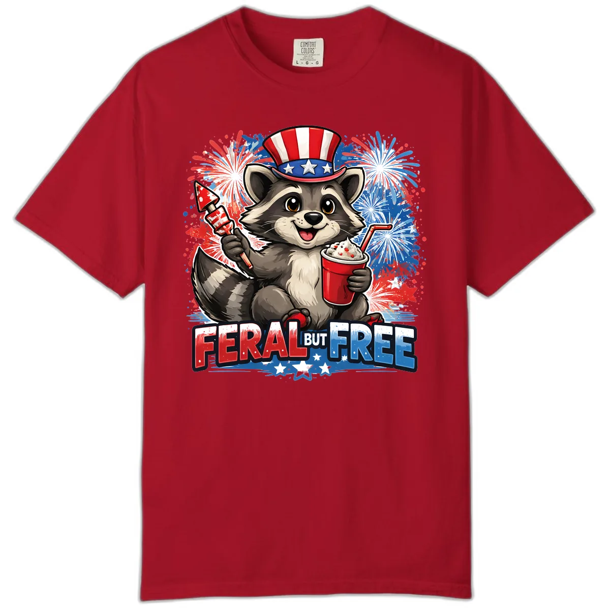 Feral But Free Raccoon Fourth of July Celebration Comfort Color in Red