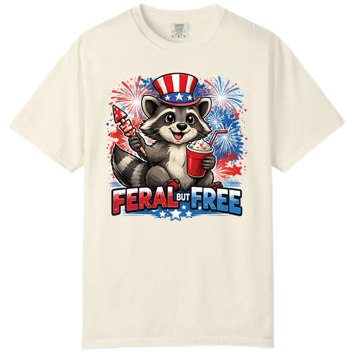 Feral But Free Raccoon Fourth of July Celebration Comfort Color in Ivory