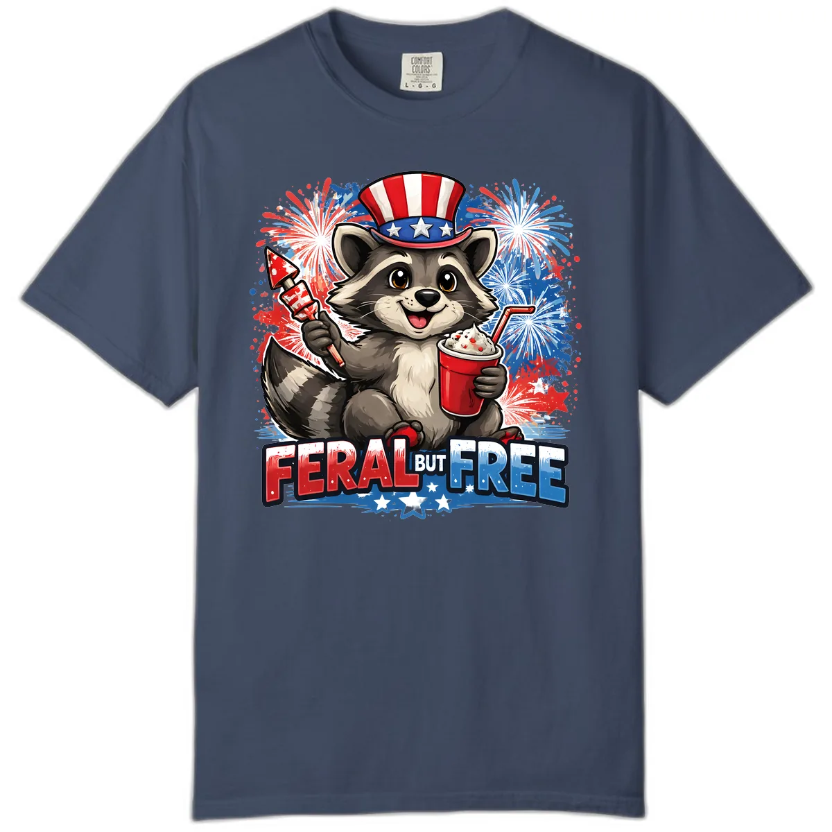 Feral But Free Raccoon Fourth of July Celebration Comfort Color in Midnight