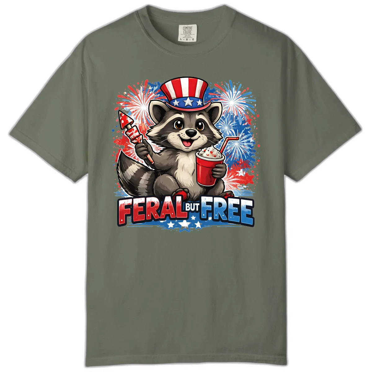 Feral But Free Raccoon Fourth of July Celebration Comfort Color in Moss
