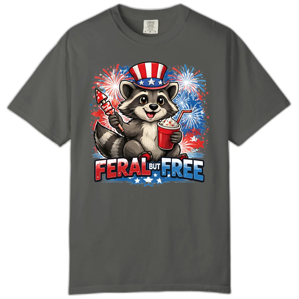 Feral But Free Raccoon Fourth of July Celebration Comfort Color in Pepper