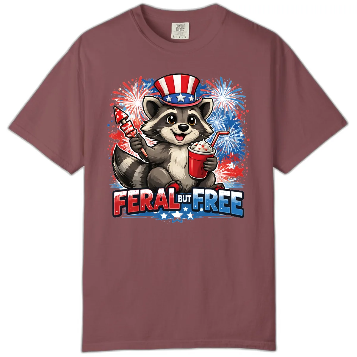 Feral But Free Raccoon Fourth of July Celebration Comfort Color in Brick