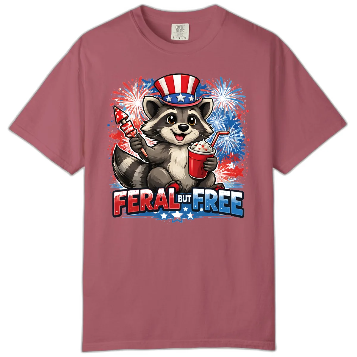 Feral But Free Raccoon Fourth of July Celebration Comfort Color in Crimson