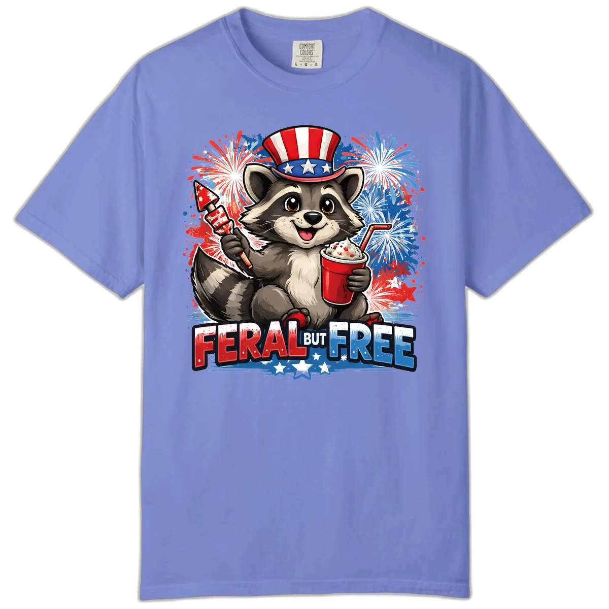 Feral But Free Raccoon Fourth of July Celebration Comfort Color in Flo Blue