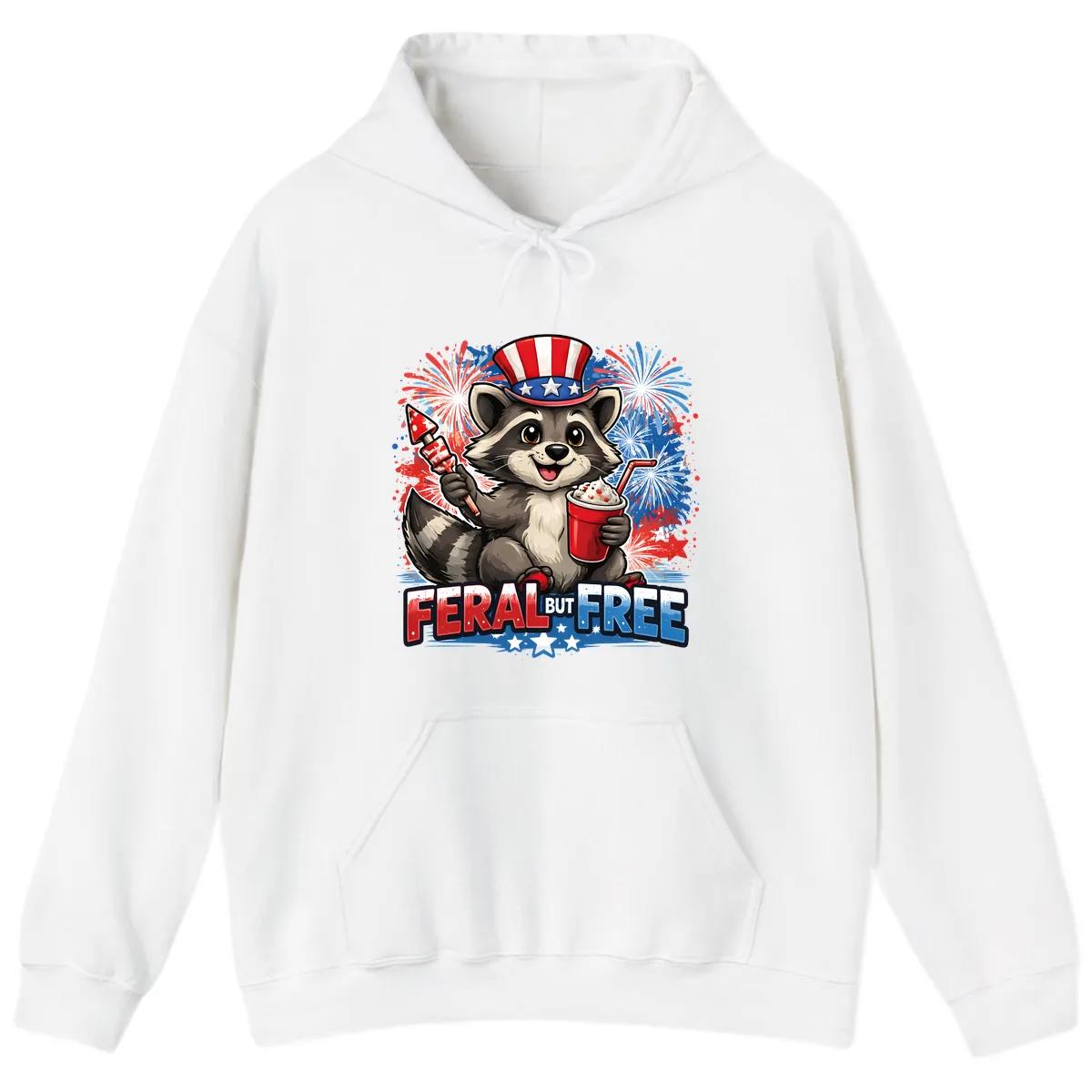 Feral But Free Raccoon Fourth of July Celebration Hoodie in White