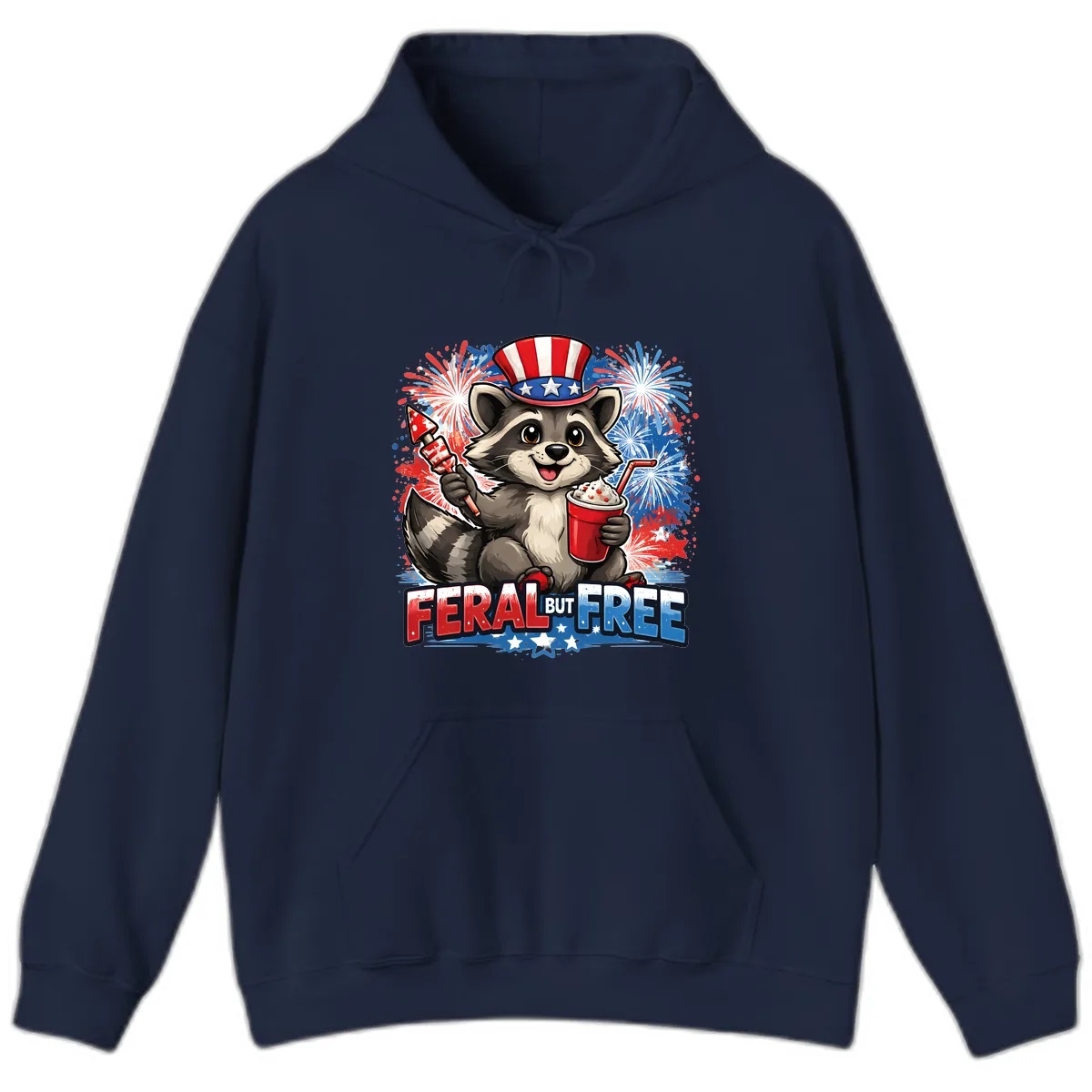 Feral But Free Raccoon Fourth of July Celebration Hoodie in Navy