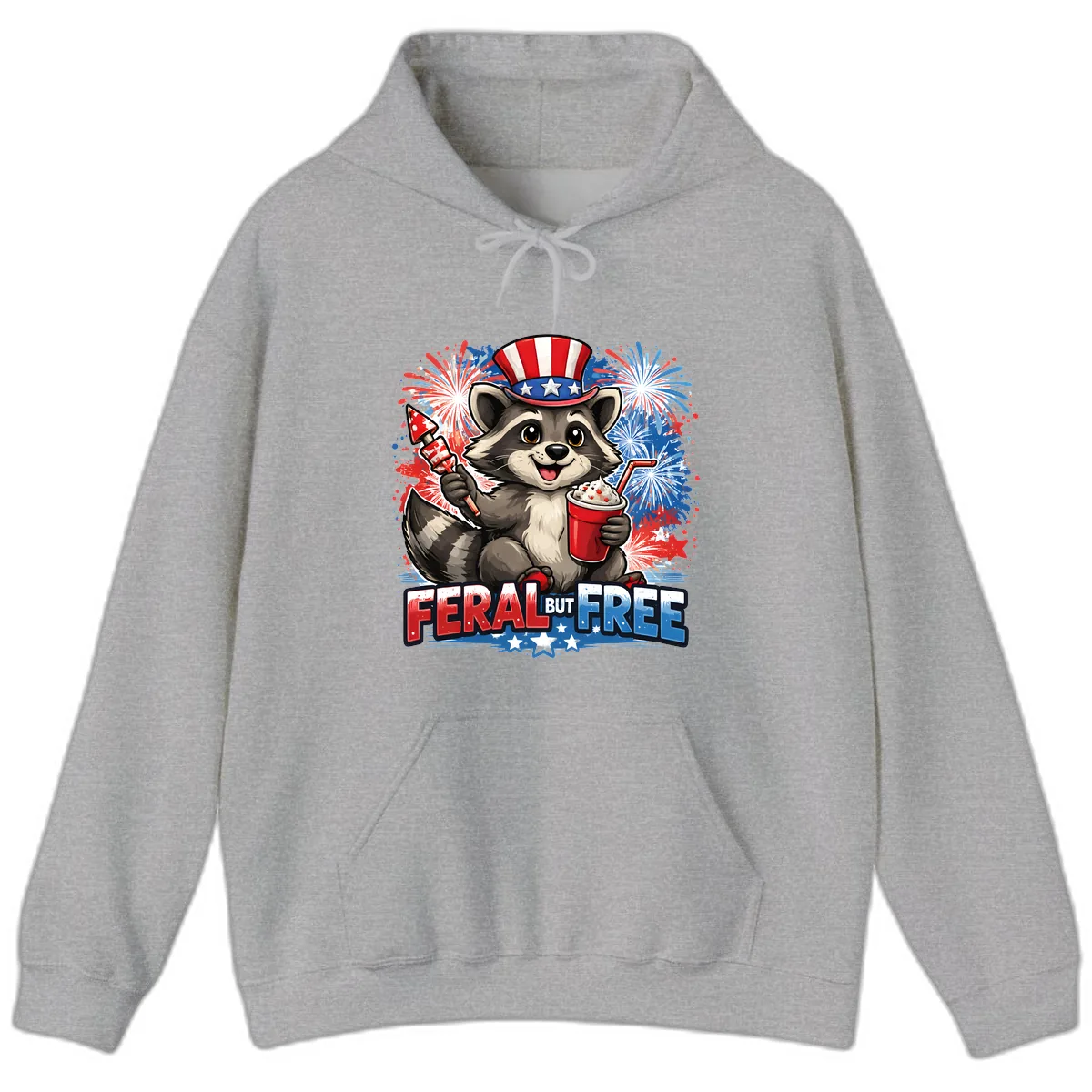 Feral But Free Raccoon Fourth of July Celebration Hoodie in Sport Grey