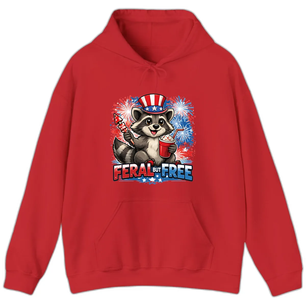 Feral But Free Raccoon Fourth of July Celebration Hoodie in Red