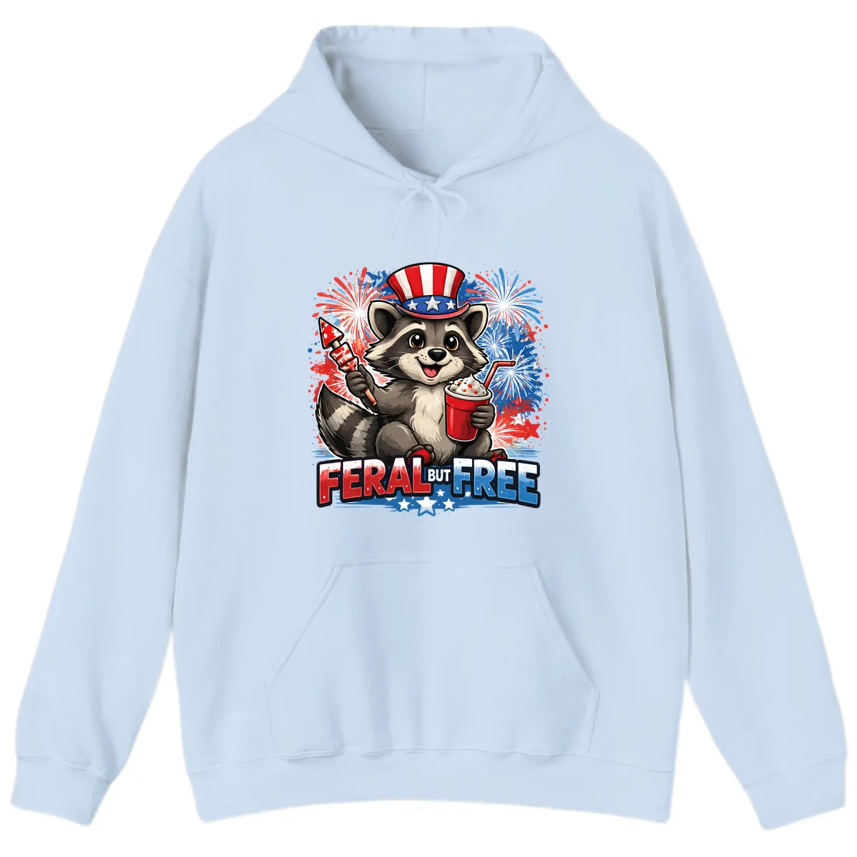 Feral But Free Raccoon Fourth of July Celebration Hoodie in Light Blue