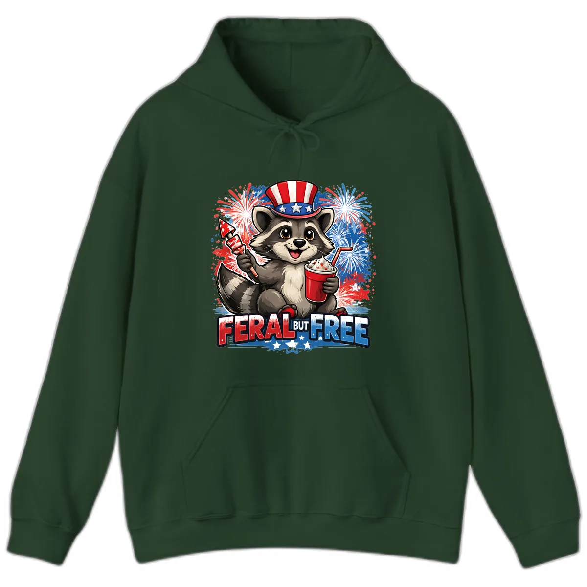 Feral But Free Raccoon Fourth of July Celebration Hoodie in Forest Green