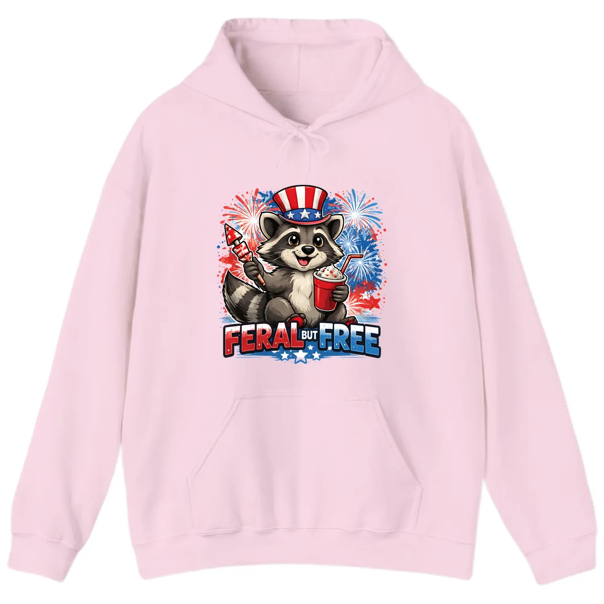 Feral But Free Raccoon Fourth of July Celebration Hoodie in Light Pink