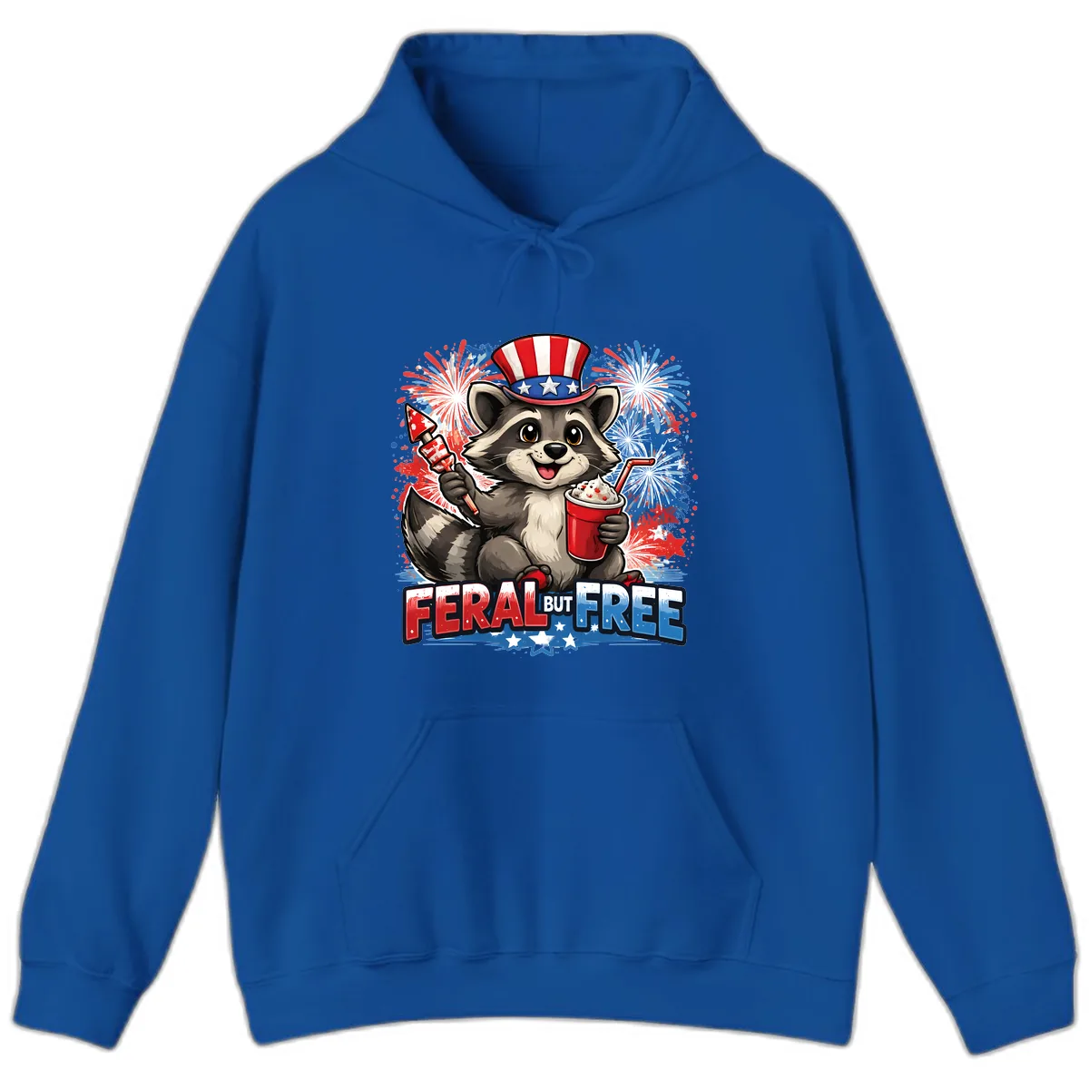 Feral But Free Raccoon Fourth of July Celebration Hoodie in Royal
