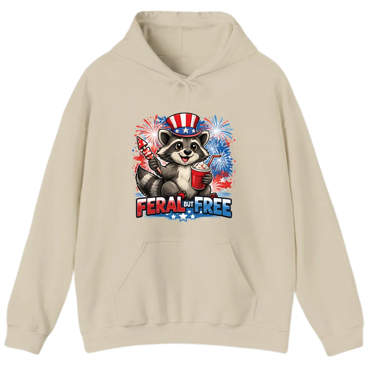 Feral But Free Raccoon Fourth of July Celebration Hoodie in Sand