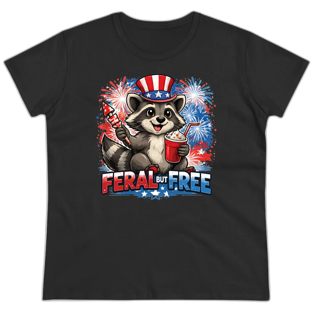 Feral But Free Raccoon Fourth of July Celebration Ladies Tee in Black