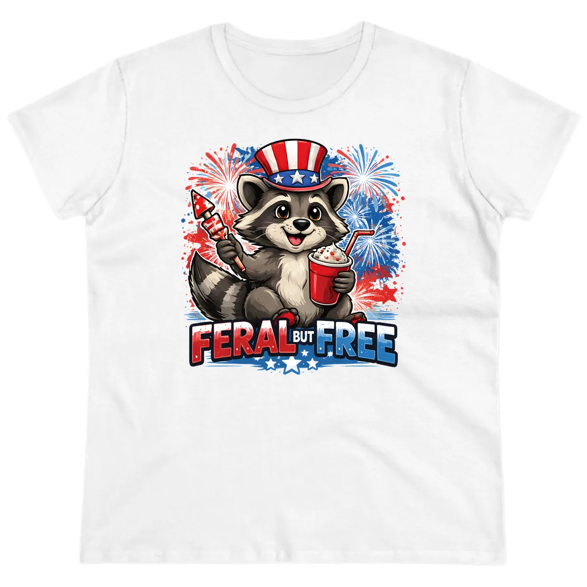 Feral But Free Raccoon Fourth of July Celebration Ladies Tee in White